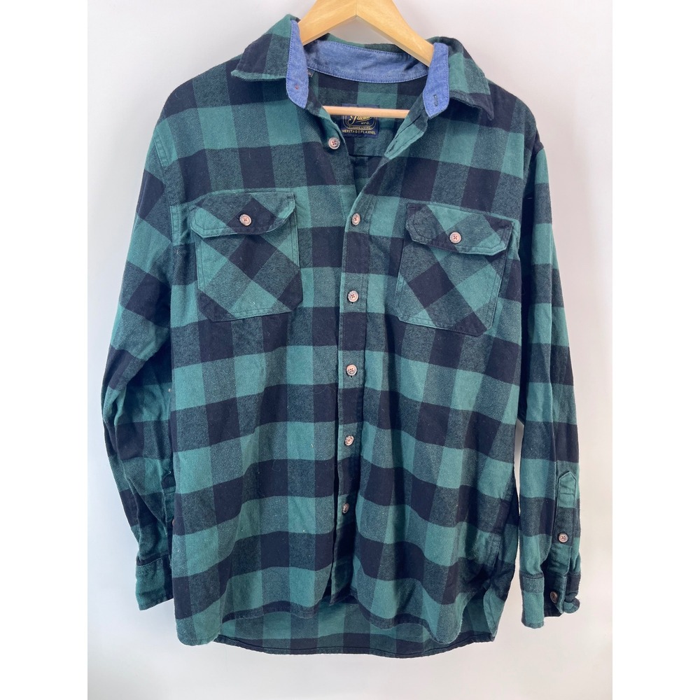 J. Crew Heritage Flannel Shirt Mens L Green Black Buffalo Plaid Cotton Rustic